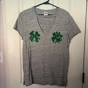 PINK Victoria's Secret Gray Tee with Green Shamrock Accents